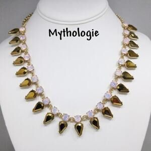 Pink Faux Opal Gold Rhinestone Necklace, Beautiful Bling, Mythologie, 21 Inches